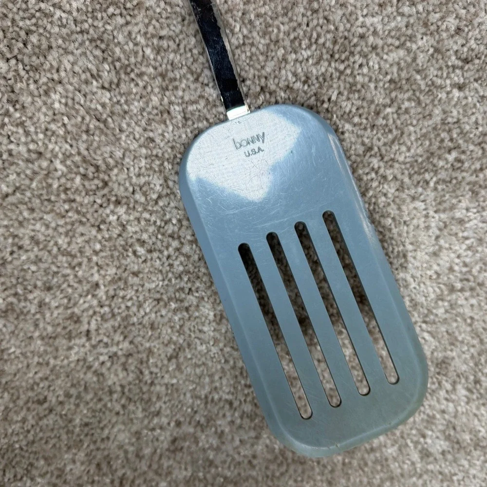 Vintage Bonny USA Slotted Spatula Blue Nylon Turner Cream Handle Retro Kitchen